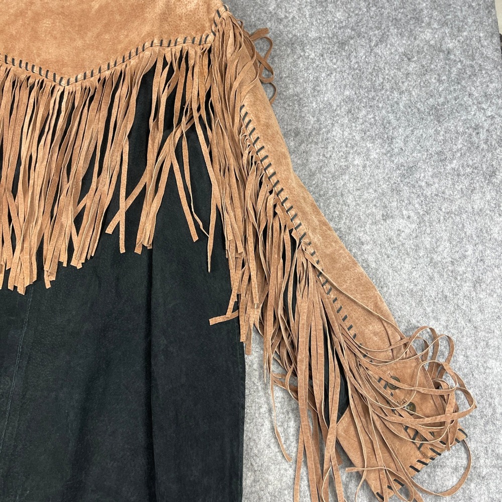 VTG Bob Mackie Wearable Art Suede Leather Jacket Black Tan Fringe Whipstitch Med - Picture 5 of 9
